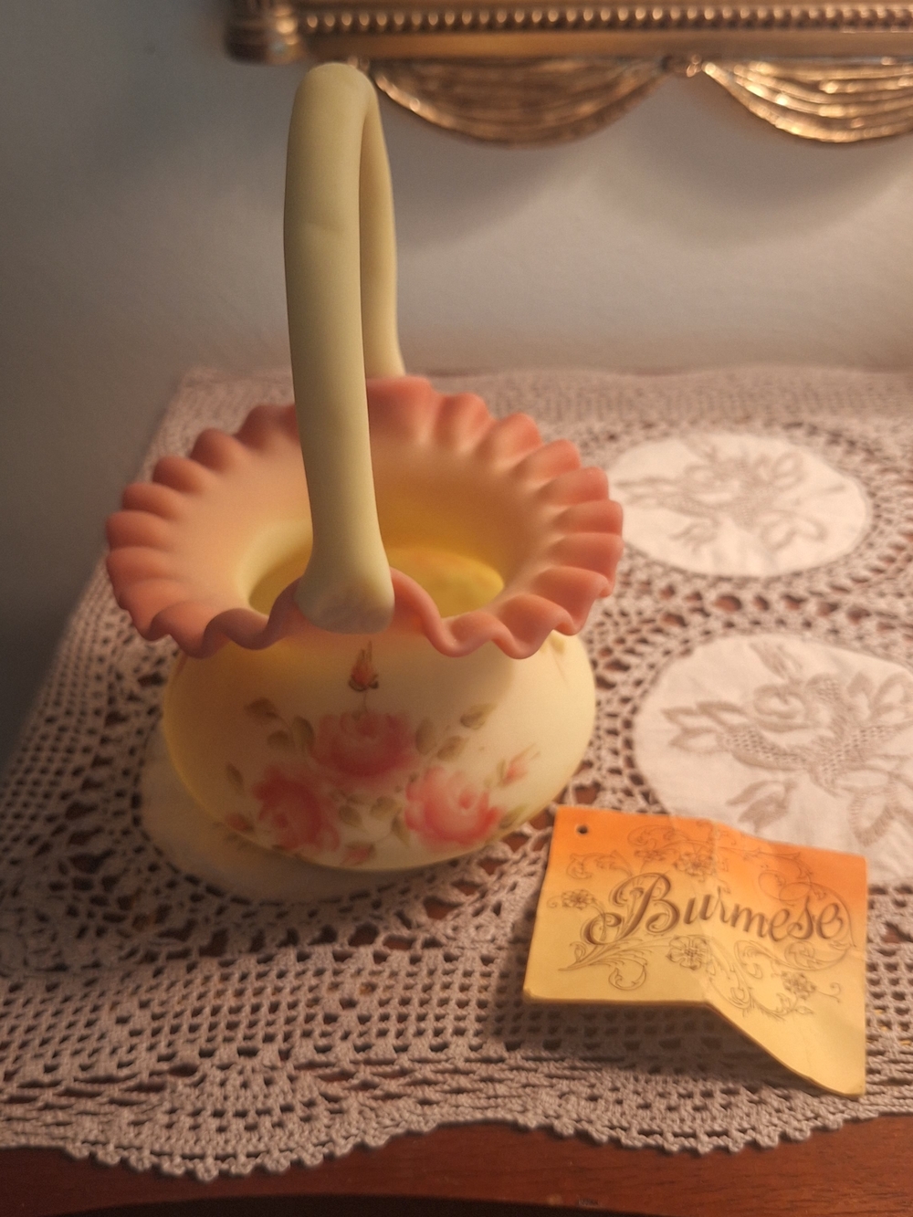 VINTAGE FENTON Hand-Painted Yellow and Pink Glass Basket Vase with Floral Motif